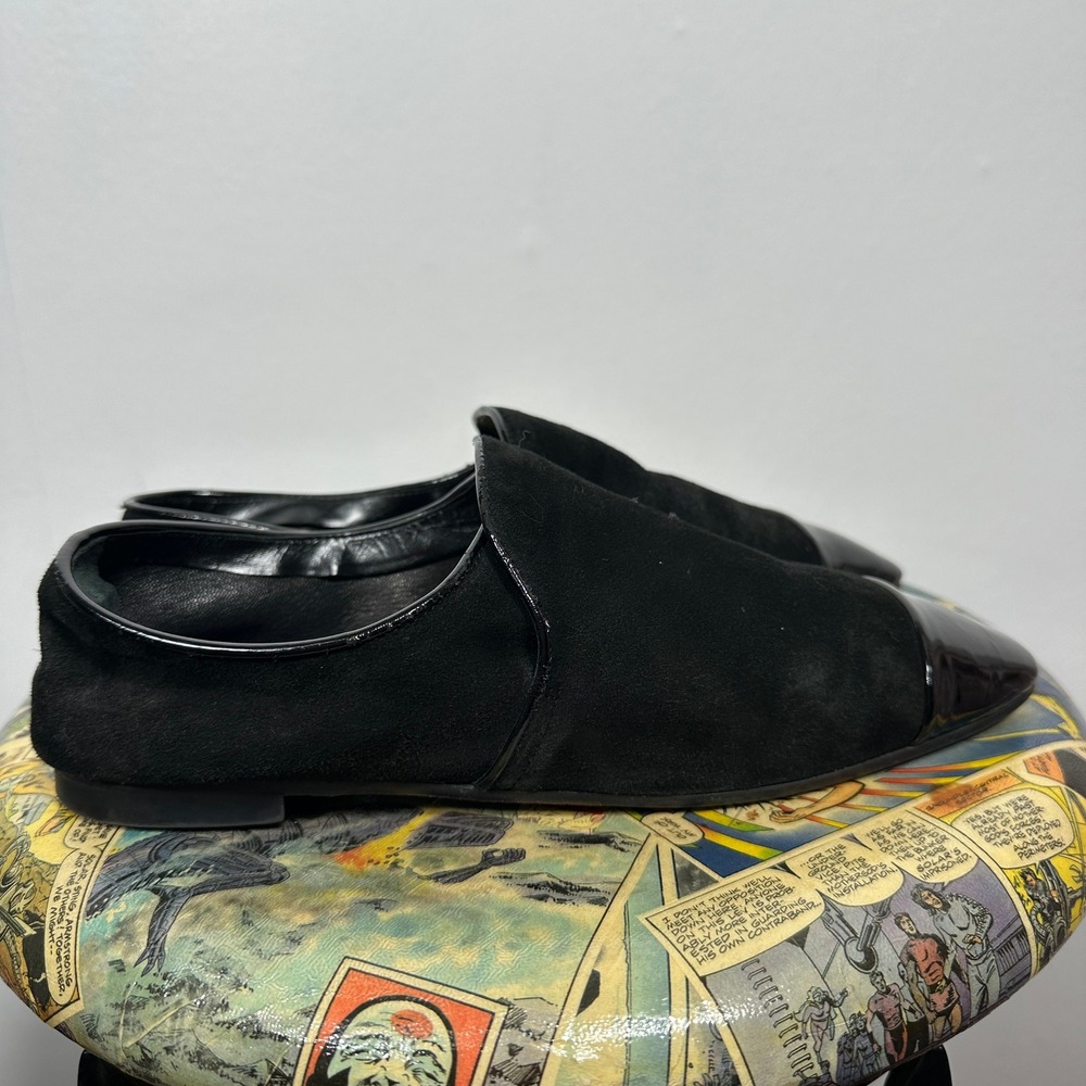 Aquatalia Loafers Womens 10.5 Black Suede Patent Cap Toe Flats Made‎ in Italy